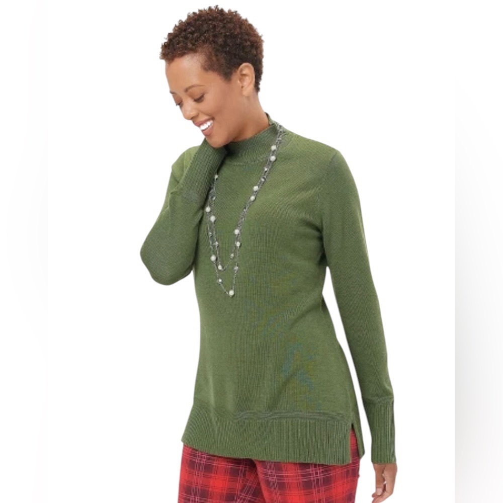 Isaac Mizrahi Live! Border Stitch Mock-Neck Sweater in Sencha Green size small